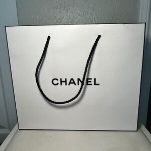 Chanel Shopping Bag Paper White Black Rope Handle‎ Logo Luxury Retail Gift